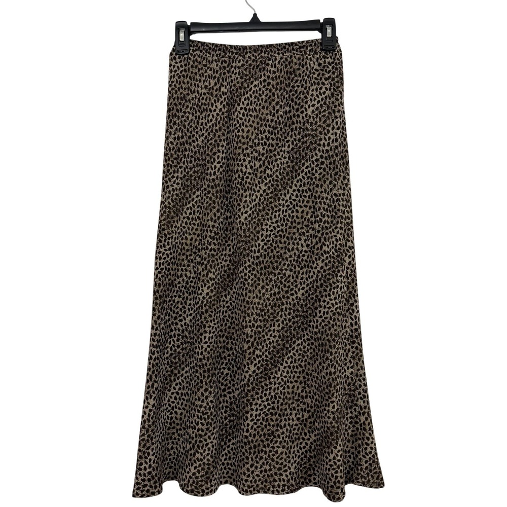 Vintage Leslie Fay Animal Print Midi Maxi Skirt Sz XS Brown Tan Elastic Waist
